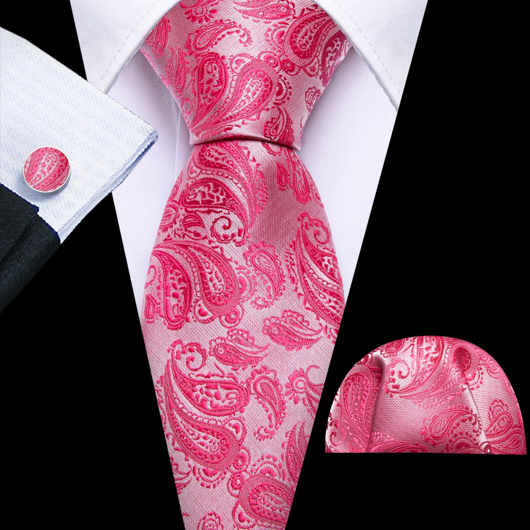 Barry Wang Deep Pink Paisley 63" Extra Long Tie Hanky Cufflinks Set