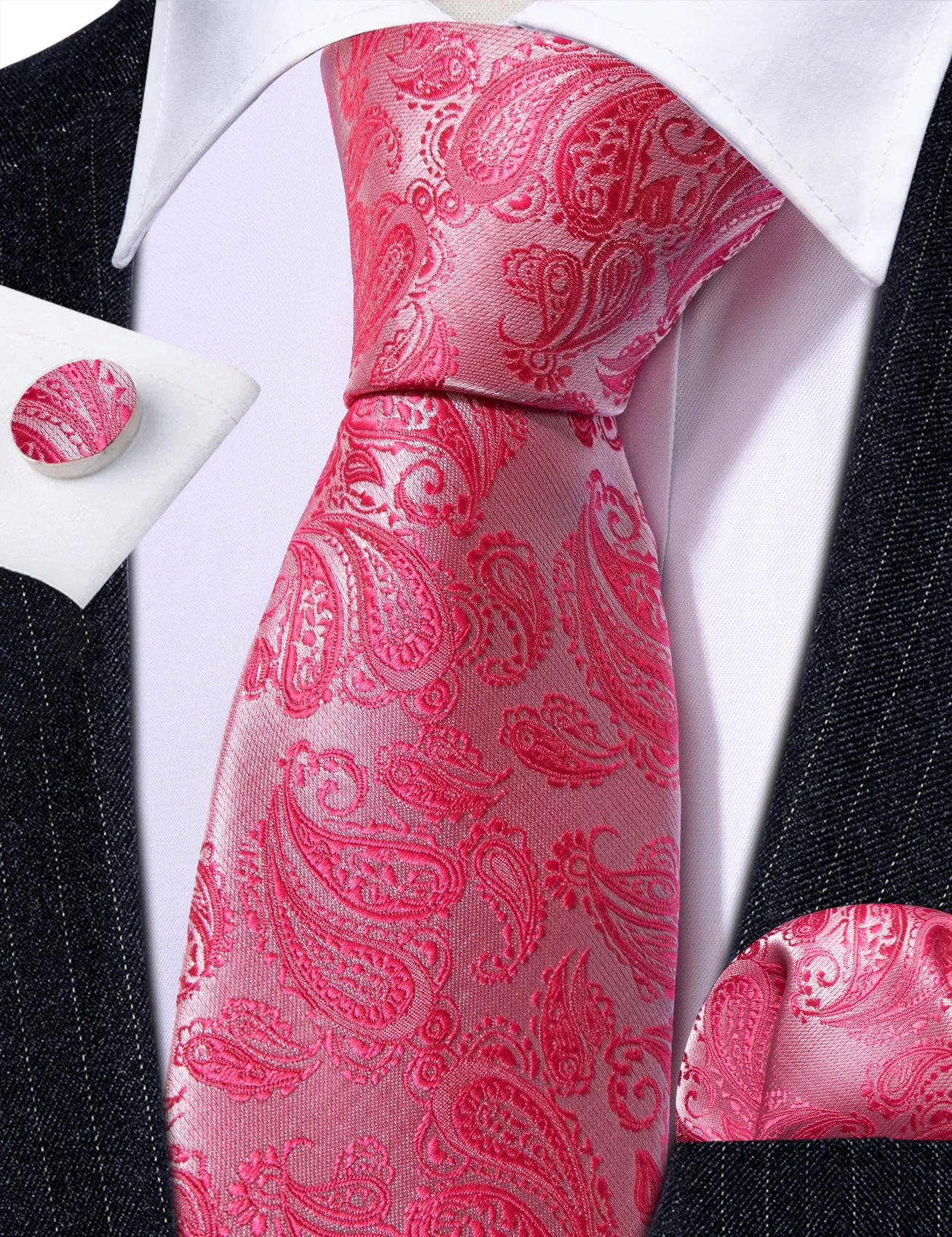 Barry Wang Deep Pink Paisley 63" Extra Long Tie Hanky Cufflinks Set