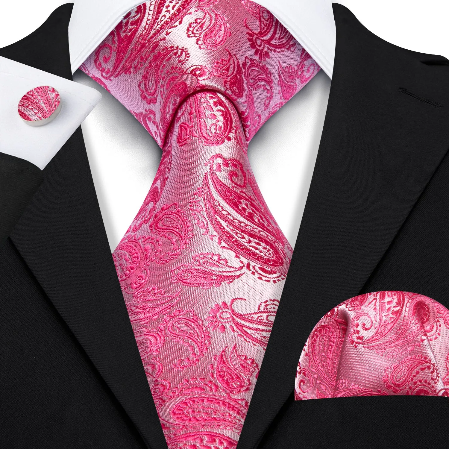 Barry Wang Deep Pink Paisley 63" Extra Long Tie Hanky Cufflinks Set