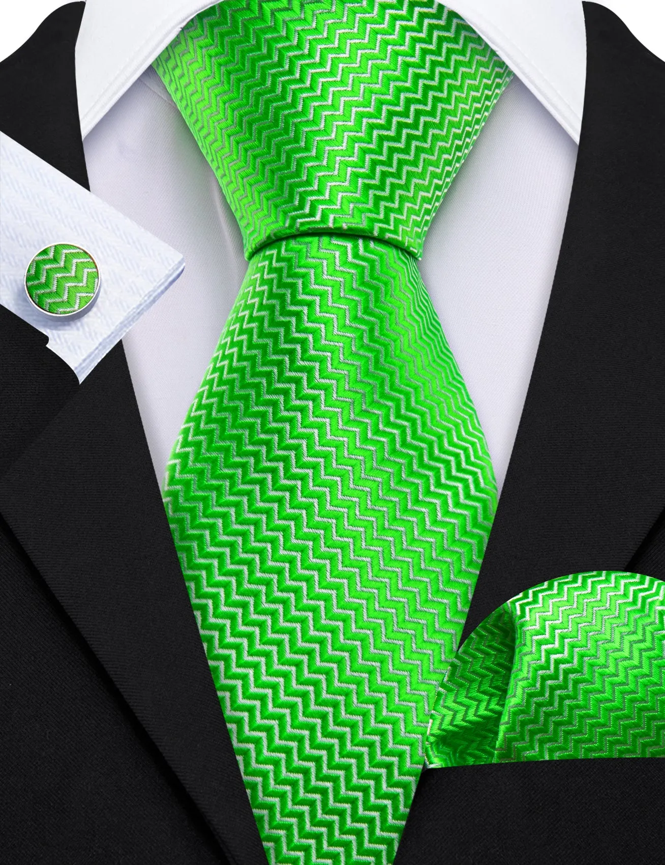 Barry Wang Extra Long Tie Green Curve Silk 63 Inches Tie Hanky Cufflinks Set