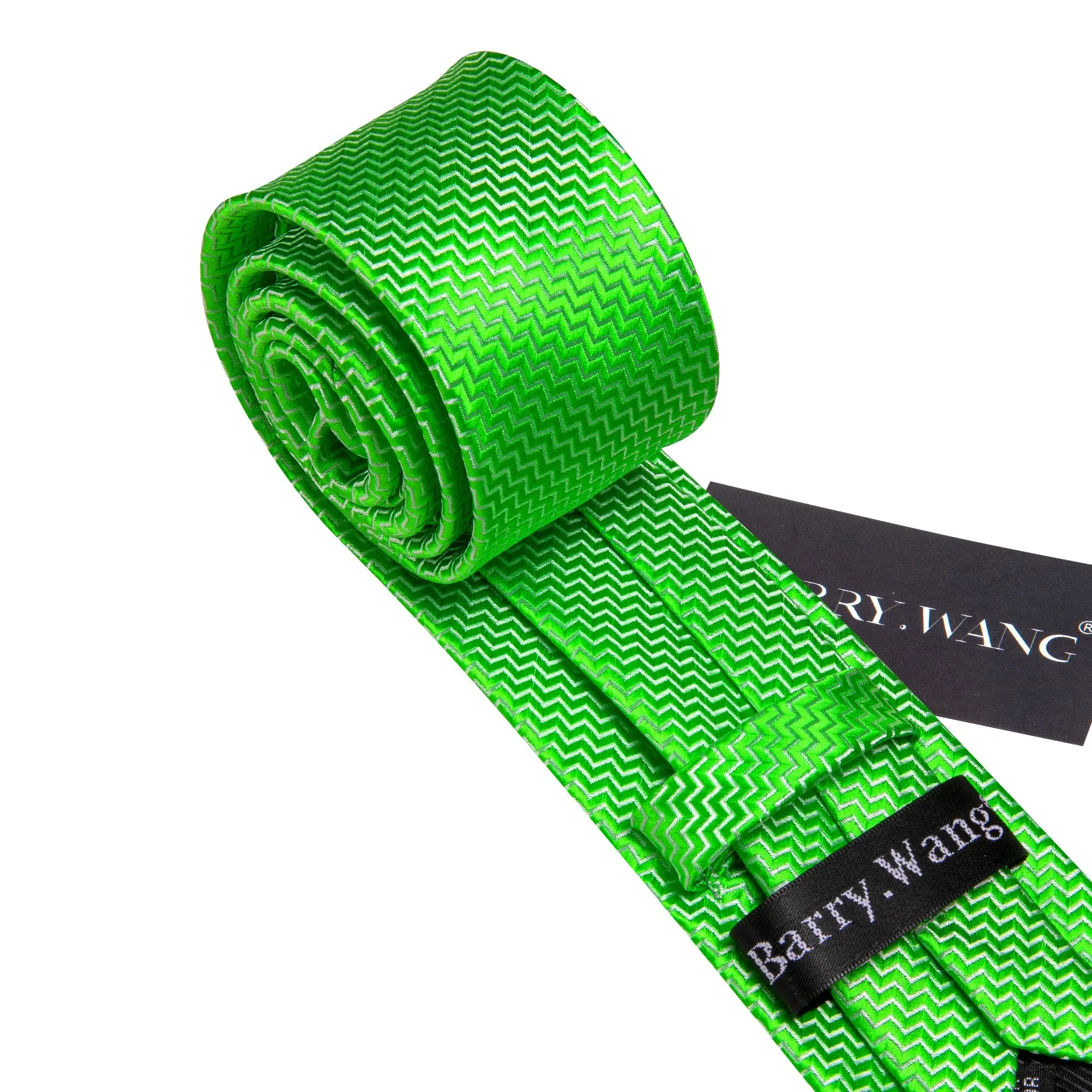 Barry Wang Extra Long Tie Green Curve Silk 63 Inches Tie Hanky Cufflinks Set
