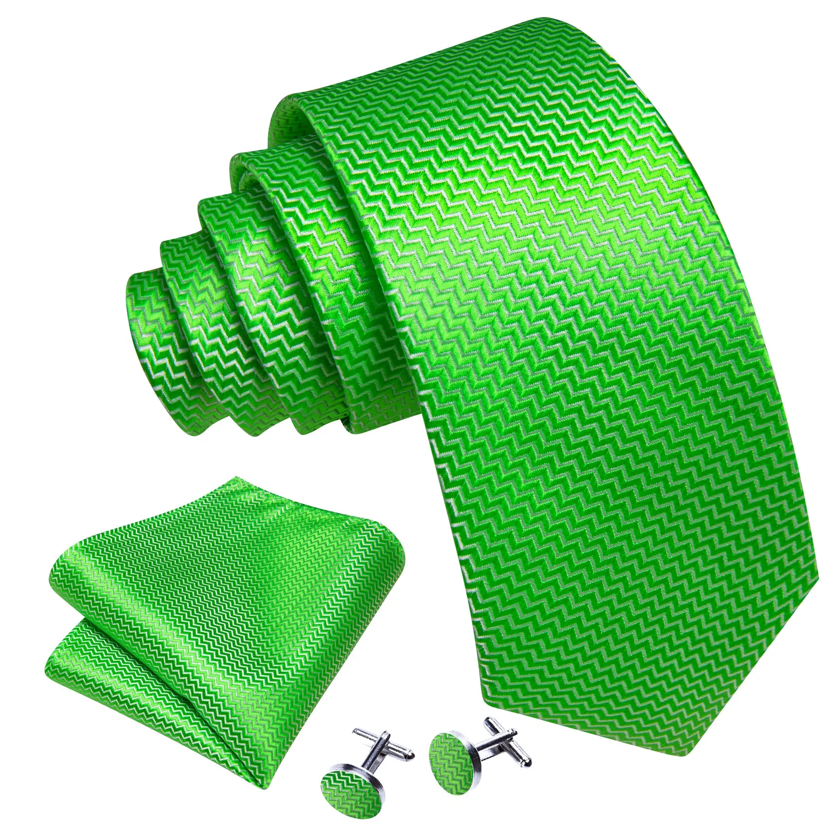 Barry Wang Extra Long Tie Green Curve Silk 63 Inches Tie Hanky Cufflinks Set