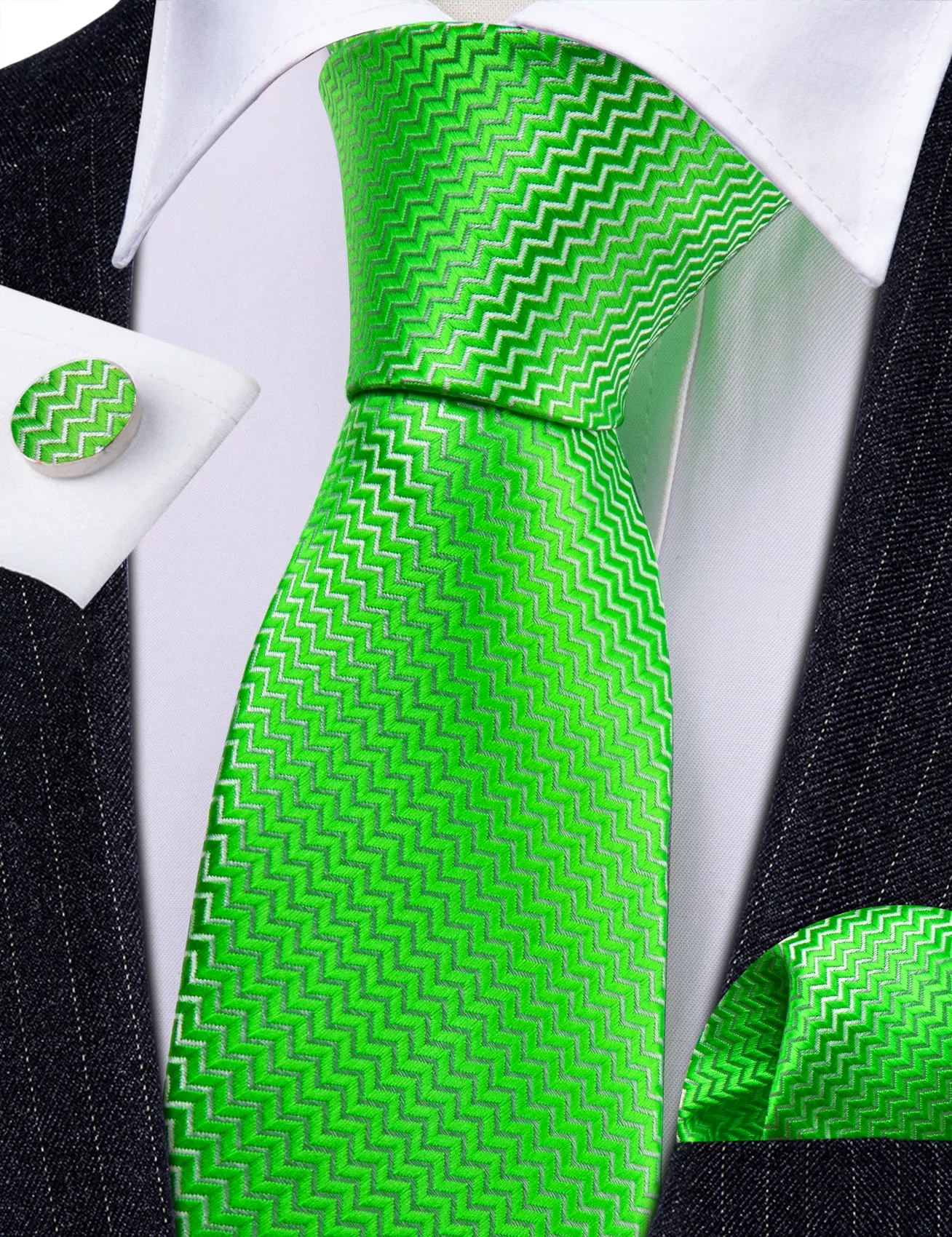 Barry Wang Extra Long Tie Green Curve Silk 63 Inches Tie Hanky Cufflinks Set
