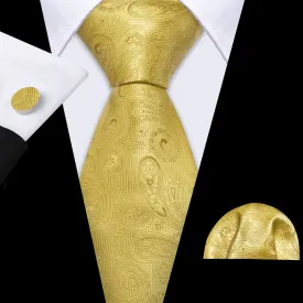 Barry Wang Gold Neckties Paisley Silk Tie Handkerchief Cufflinks Set
