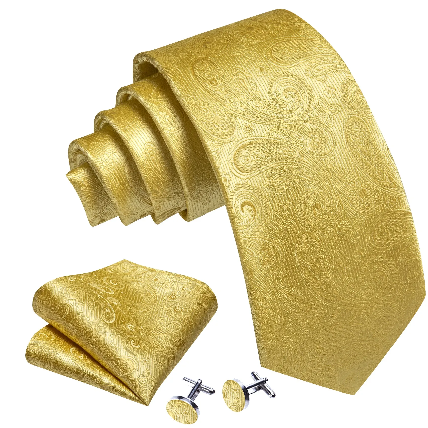 Barry Wang Gold Neckties Paisley Silk Tie Handkerchief Cufflinks Set
