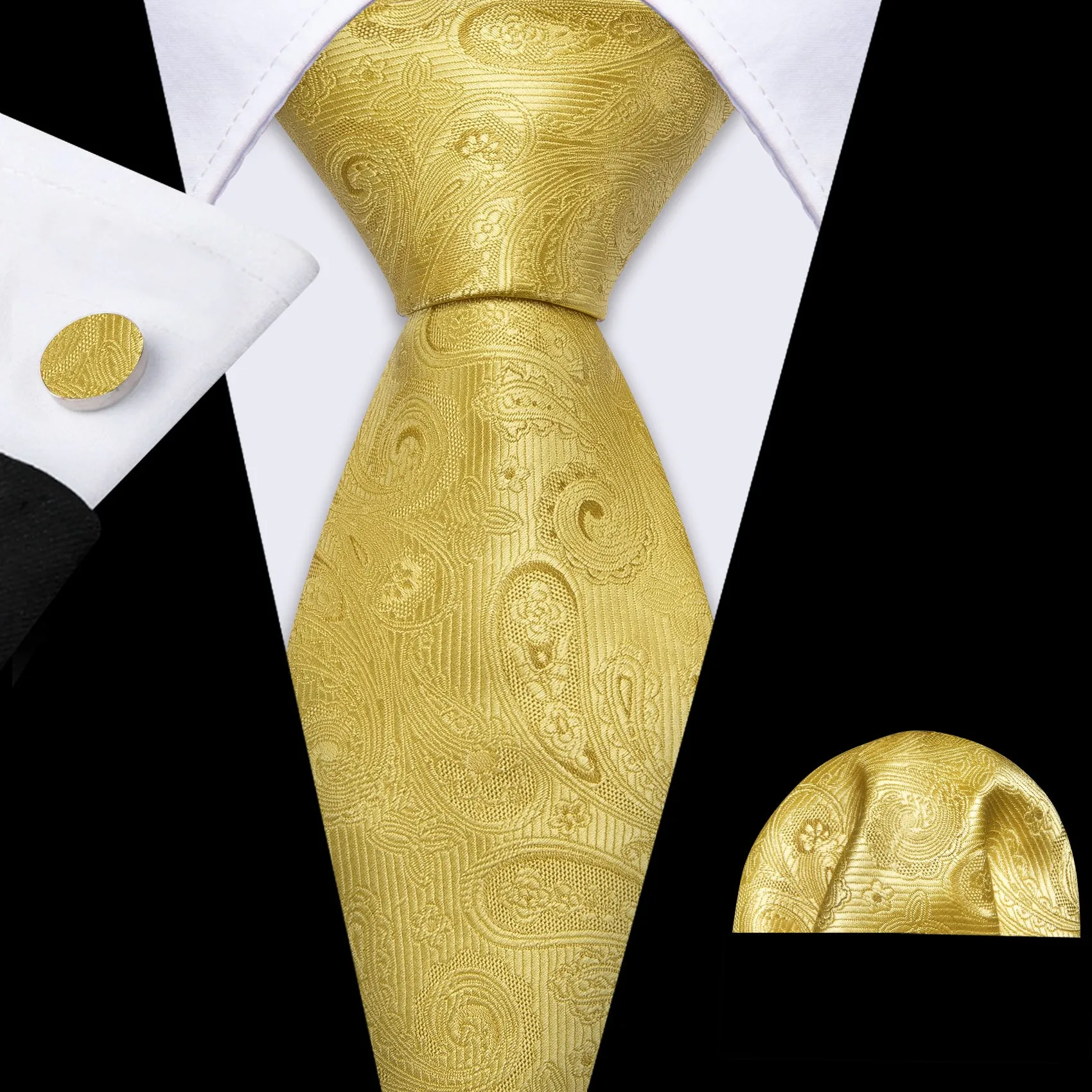 Barry Wang Gold Neckties Paisley Silk Tie Handkerchief Cufflinks Set