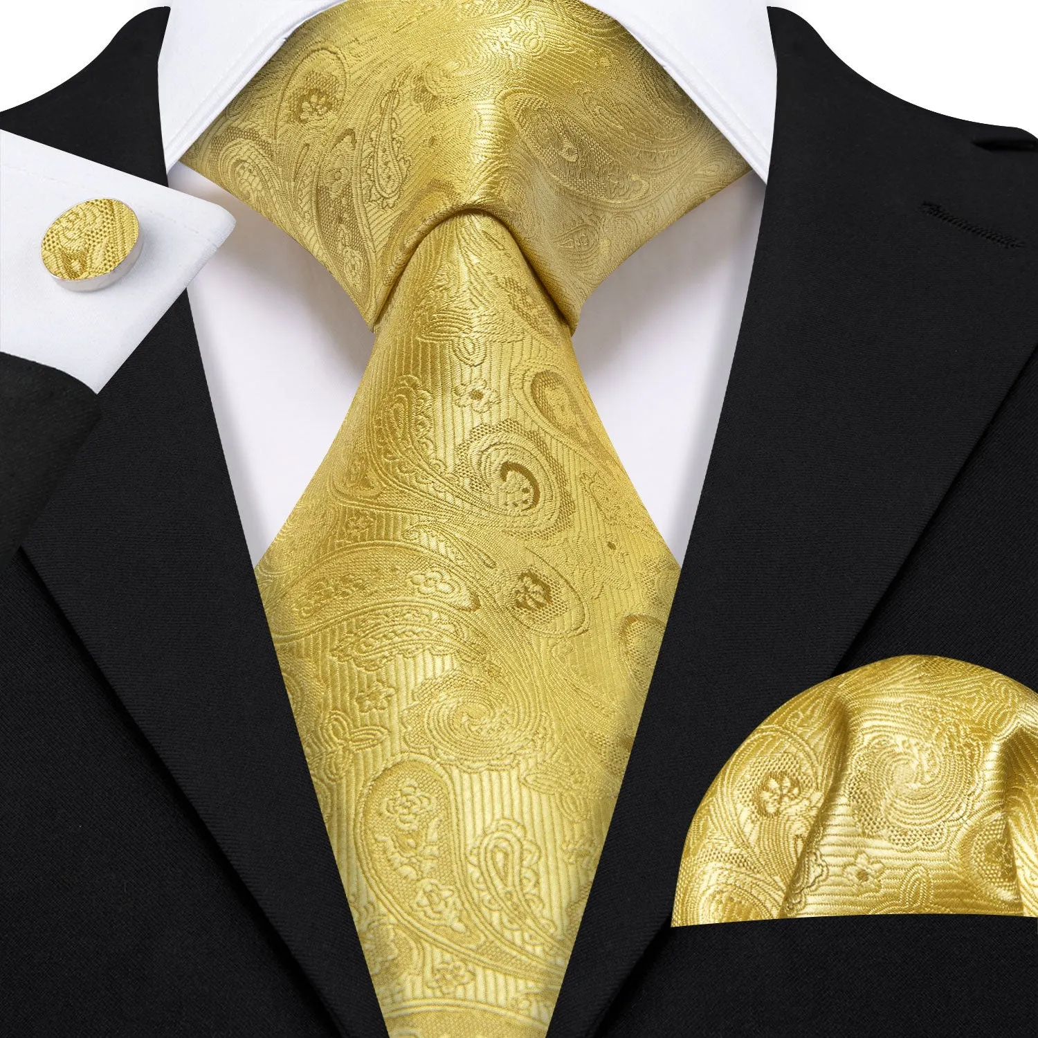 Barry Wang Gold Neckties Paisley Silk Tie Handkerchief Cufflinks Set