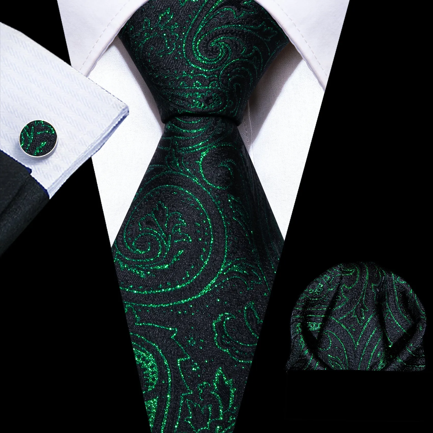 Barry Wang Green Black Tie Paisley Silk Tie Hanky Cufflinks Set for Men