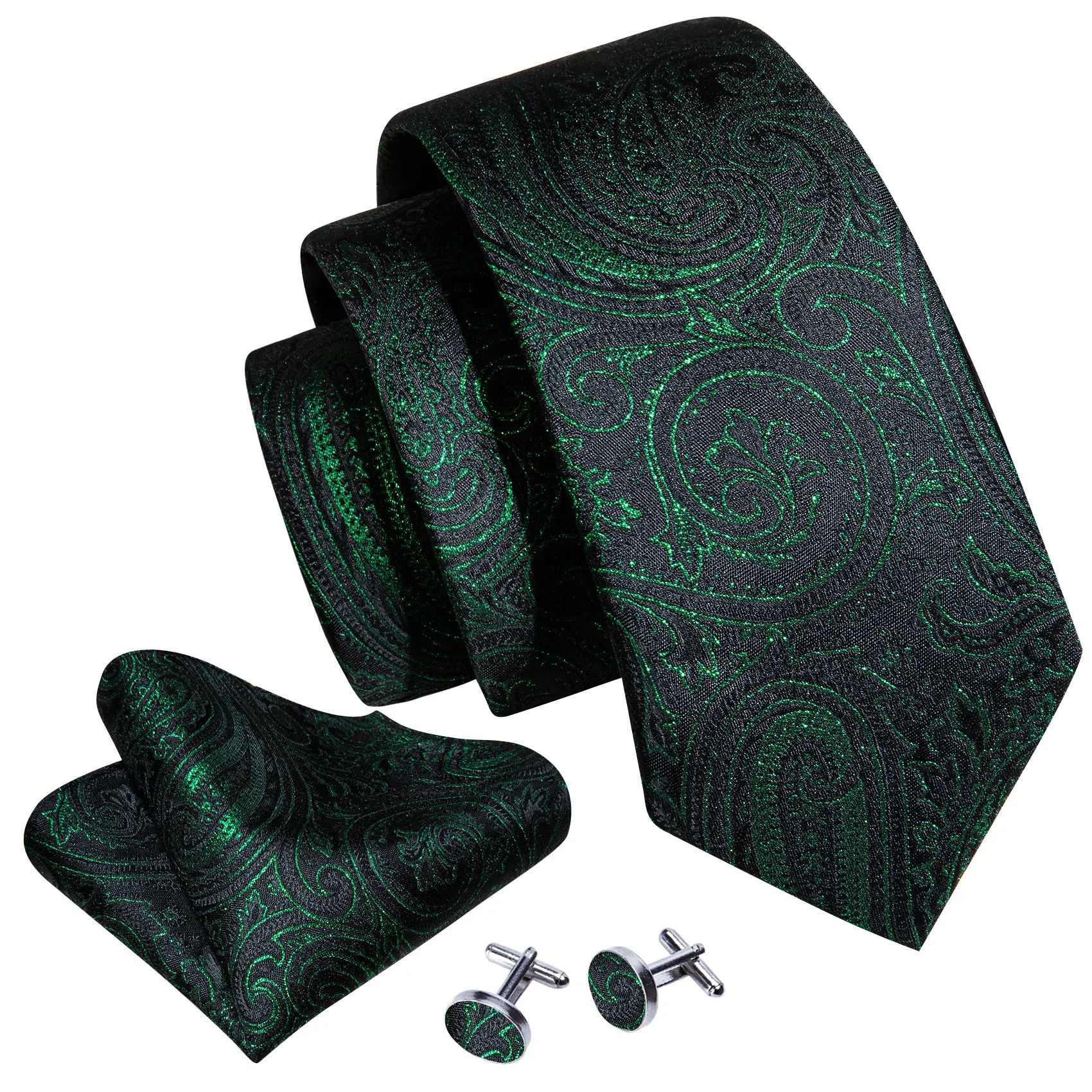 Barry Wang Green Black Tie Paisley Silk Tie Hanky Cufflinks Set for Men