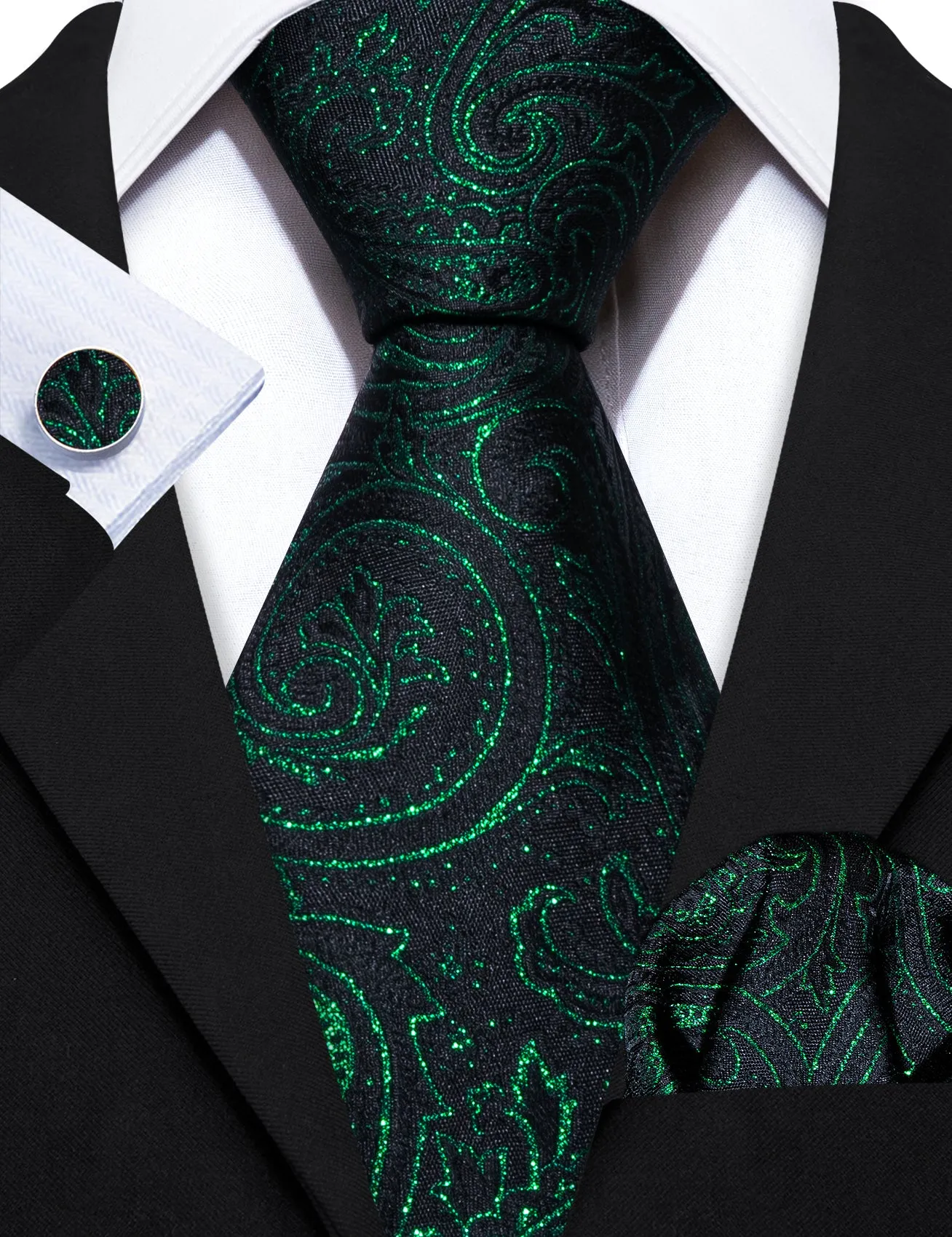 Barry Wang Green Black Tie Paisley Silk Tie Hanky Cufflinks Set for Men
