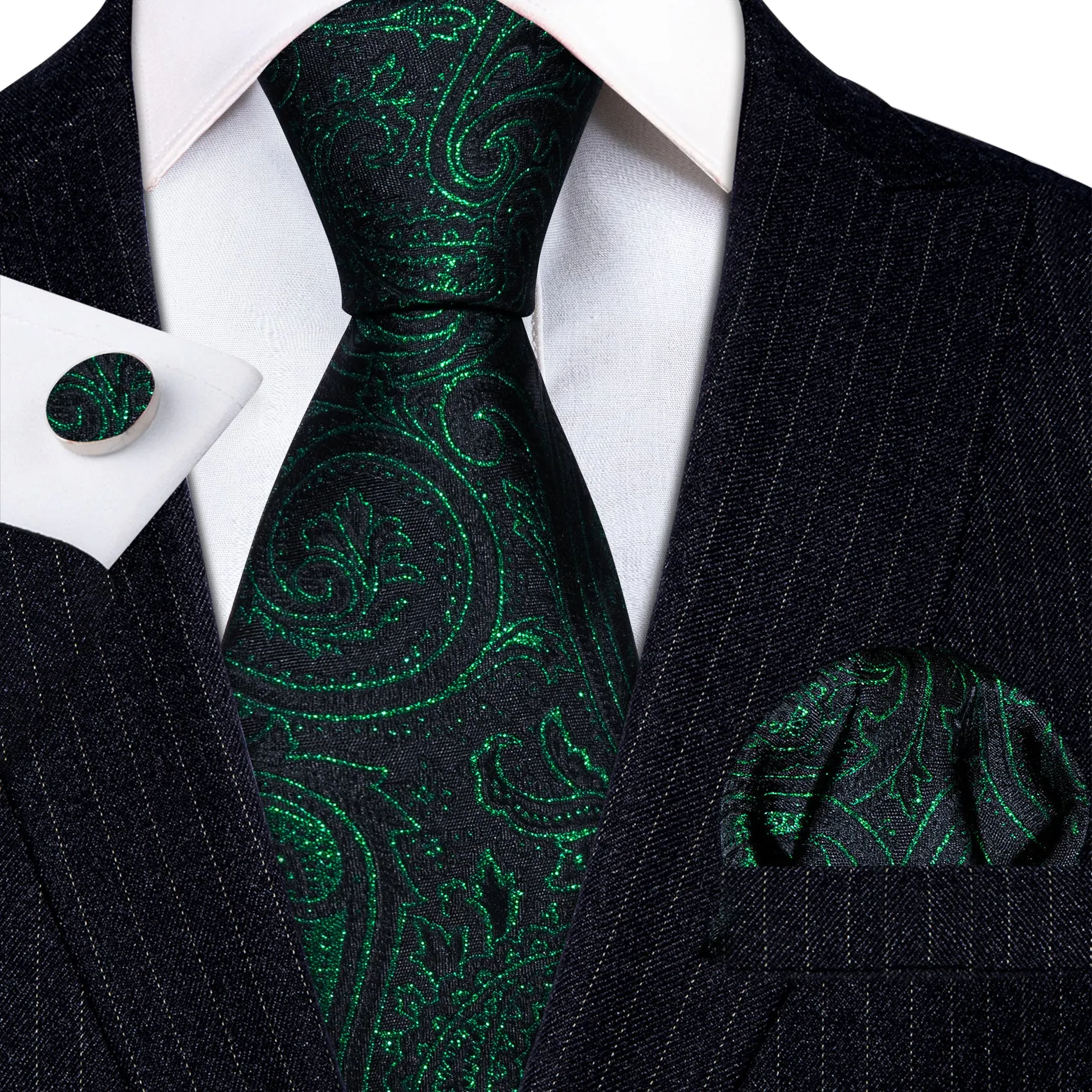 Barry Wang Green Black Tie Paisley Silk Tie Hanky Cufflinks Set for Men