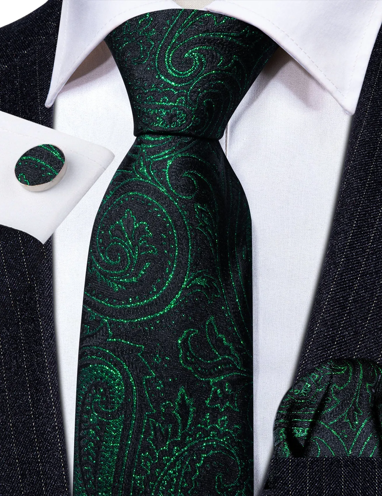 Barry Wang Green Black Tie Paisley Silk Tie Hanky Cufflinks Set for Men