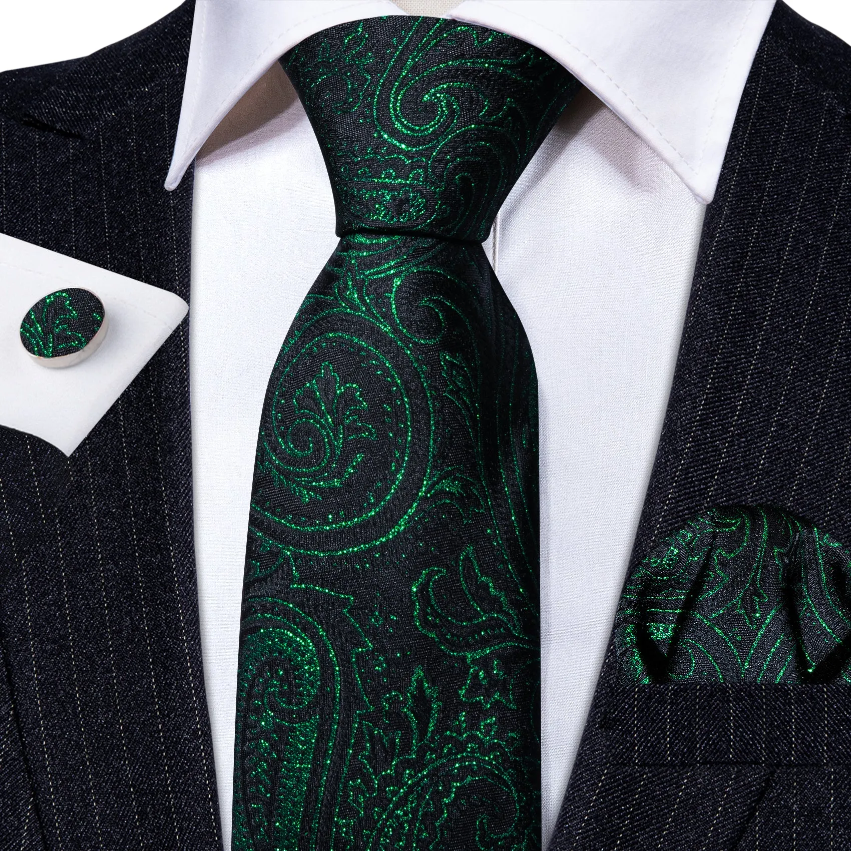 Barry Wang Green Black Tie Paisley Silk Tie Hanky Cufflinks Set for Men