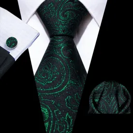 Barry Wang Green Black Tie Paisley Silk Tie Hanky Cufflinks Set for Men