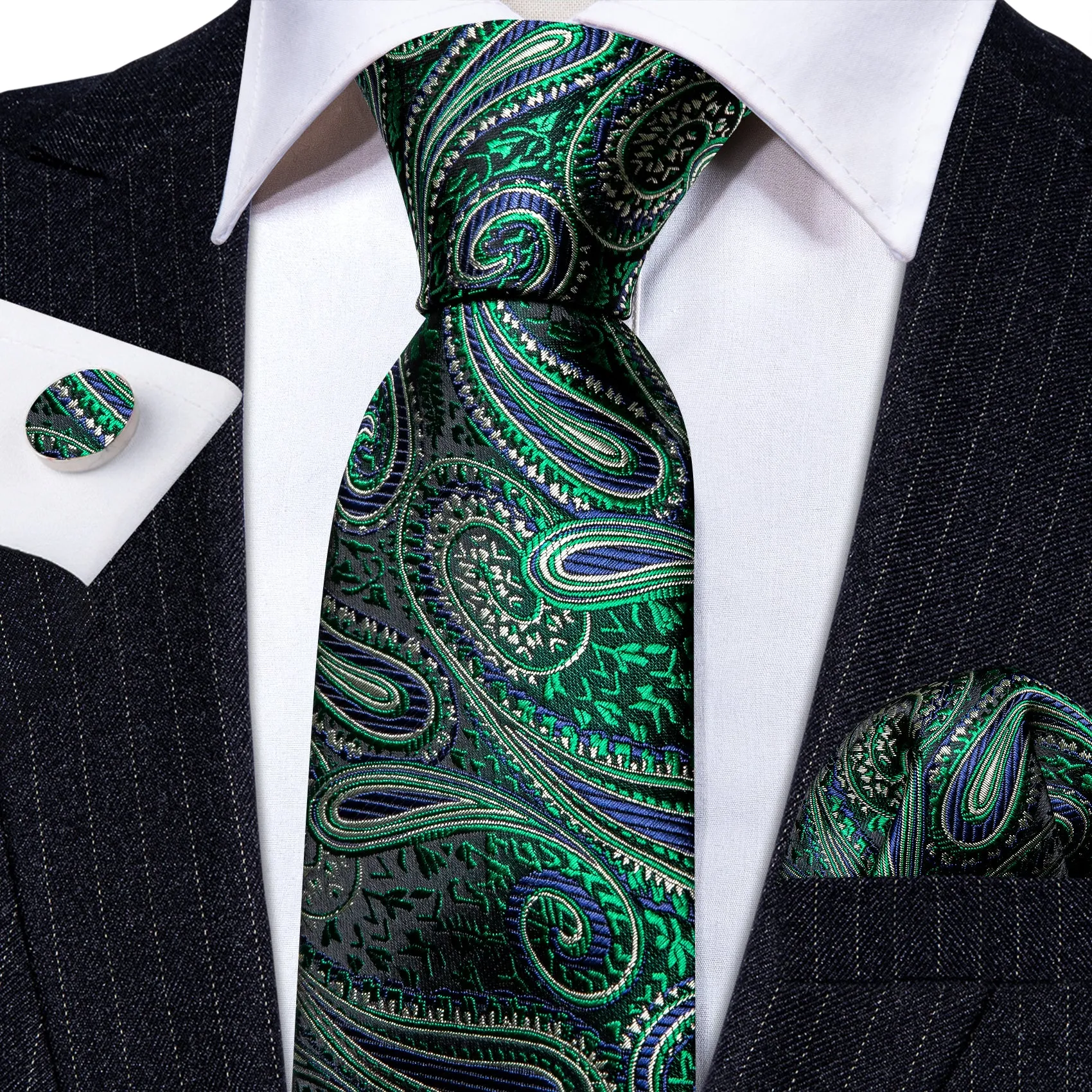 Barry Wang Green Tie Jacquard Paisley Silk Tie Hanky Cufflinks Set