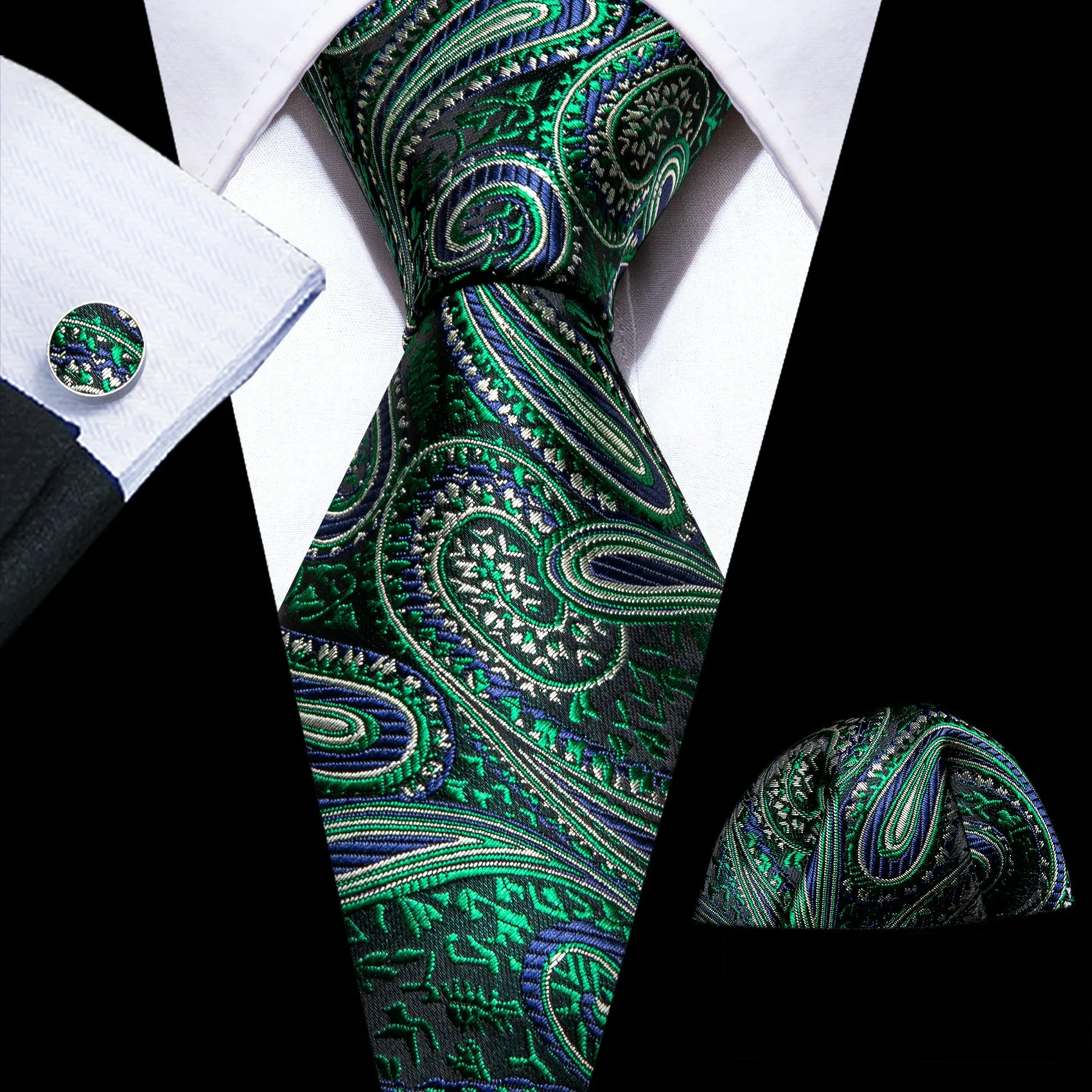 Barry Wang Green Tie Jacquard Paisley Silk Tie Hanky Cufflinks Set