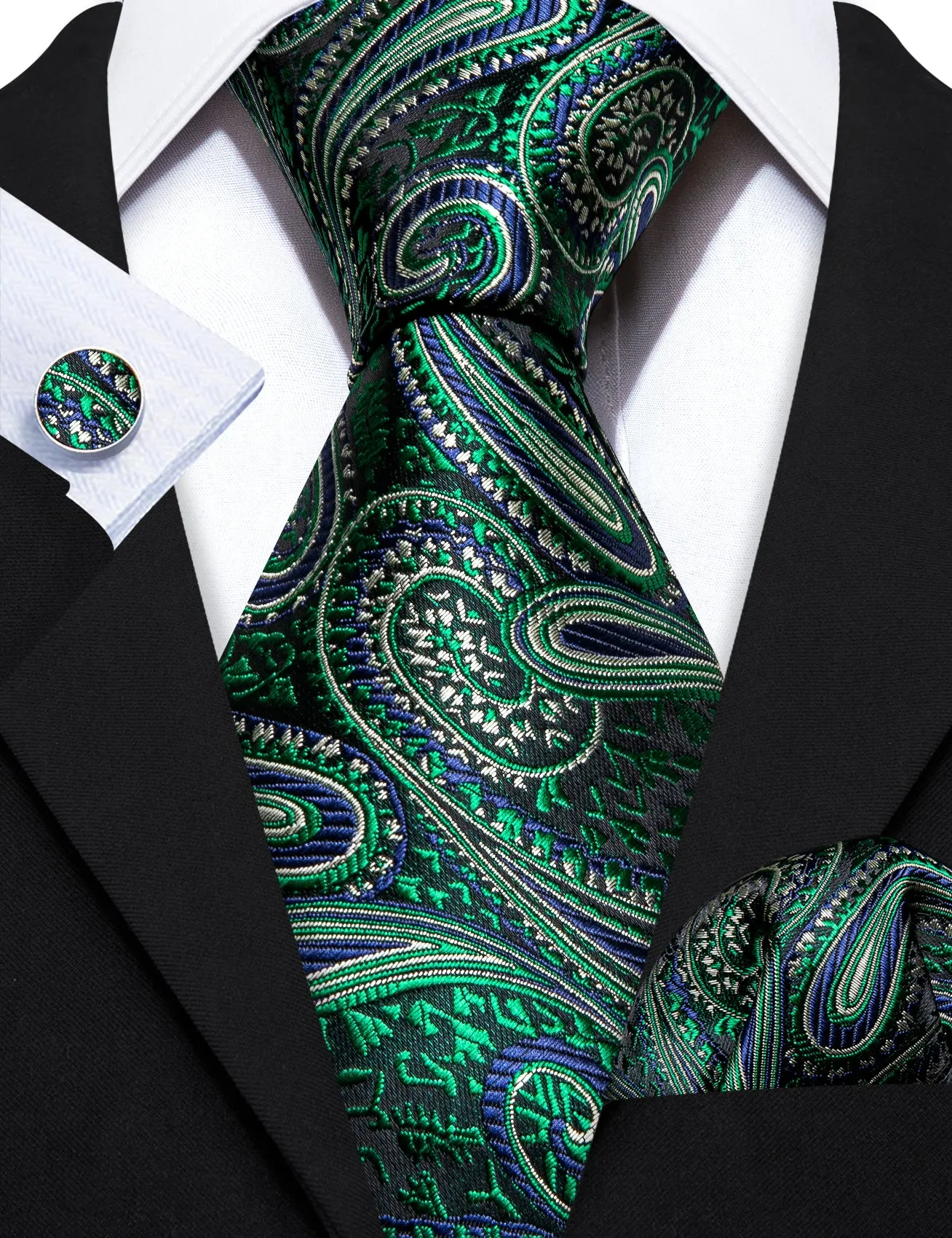Barry Wang Green Tie Jacquard Paisley Silk Tie Hanky Cufflinks Set