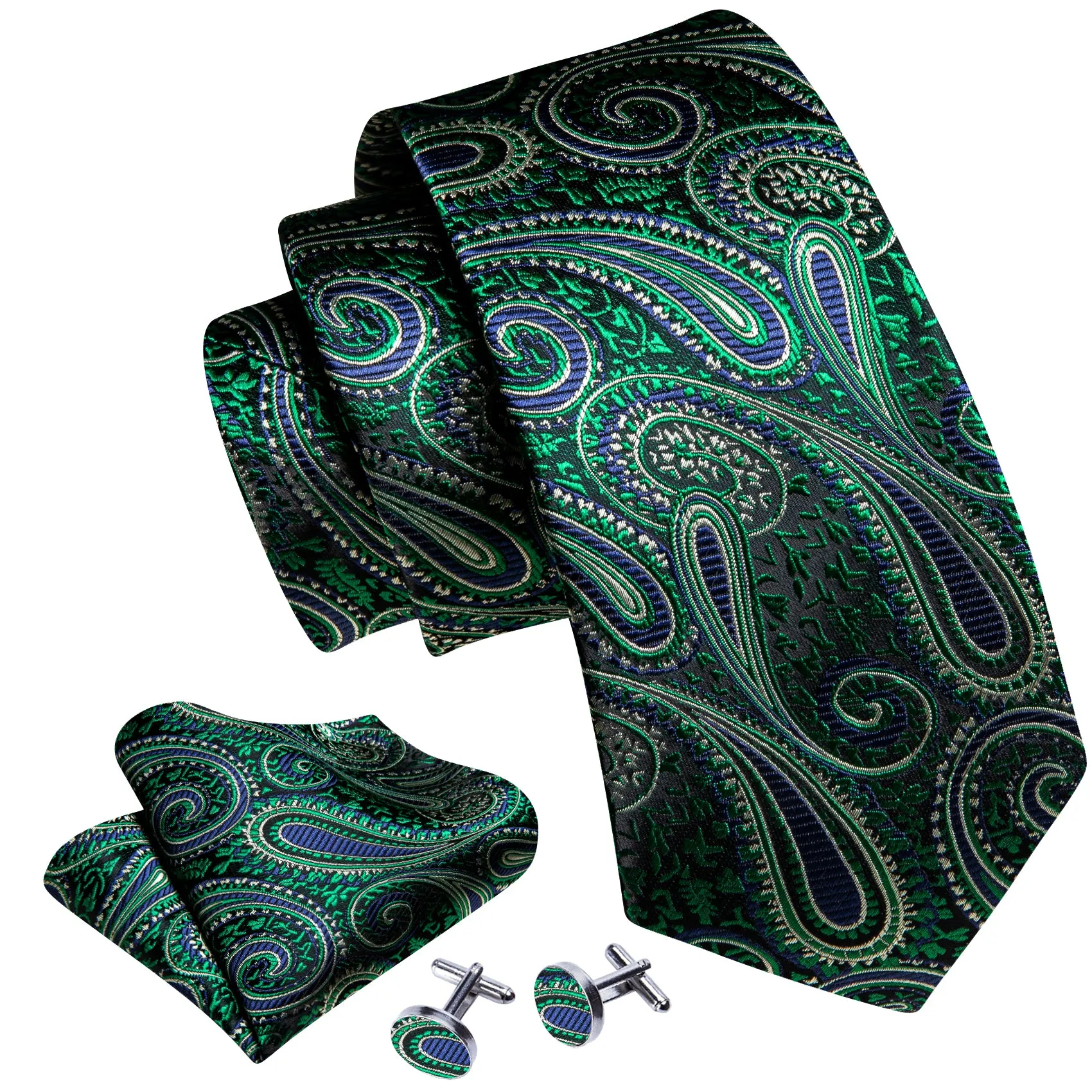 Barry Wang Green Tie Jacquard Paisley Silk Tie Hanky Cufflinks Set