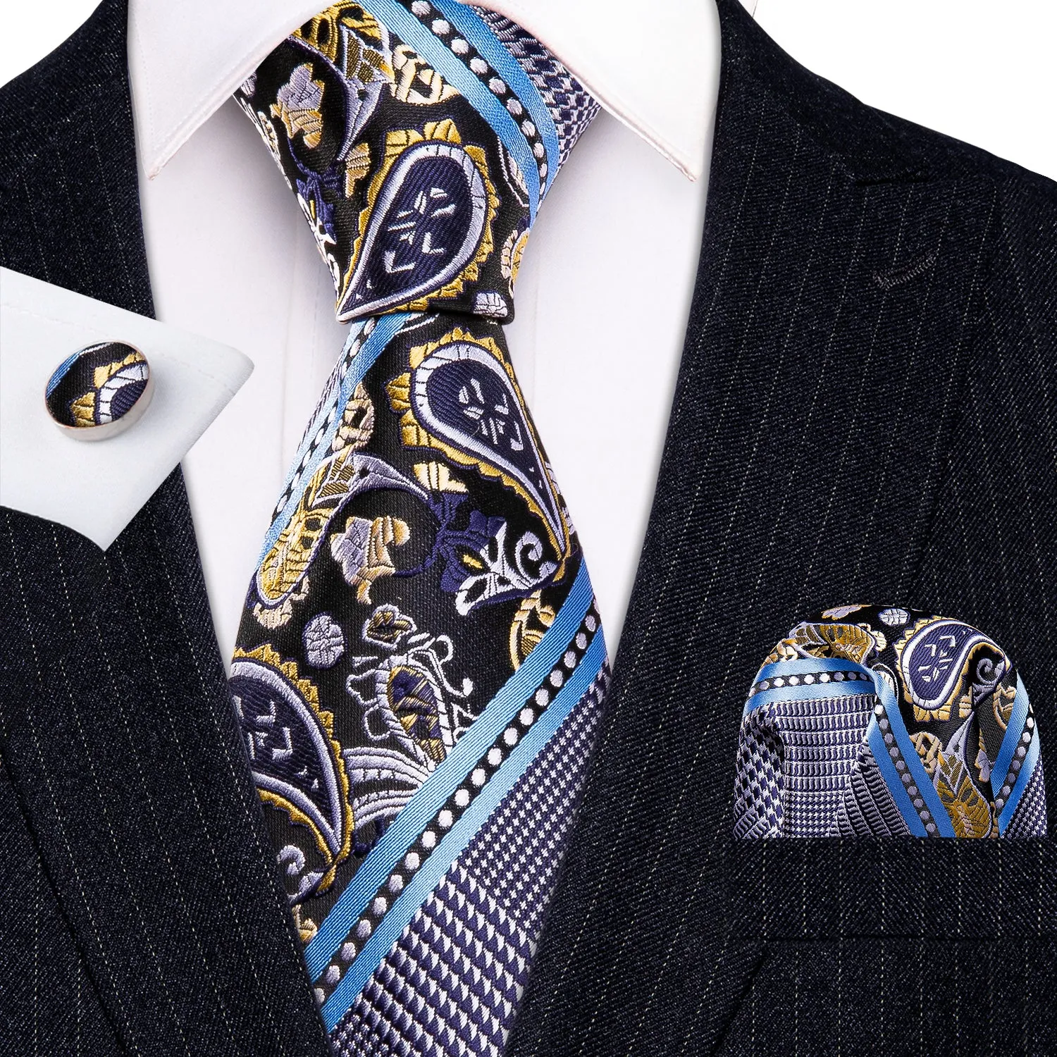 Barry Wang Grey Blue Novelty Tie Pocket Square Cufflinks Set for Men
