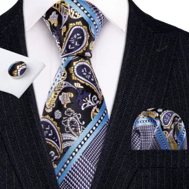 Barry Wang Grey Blue Novelty Tie Pocket Square Cufflinks Set for Men