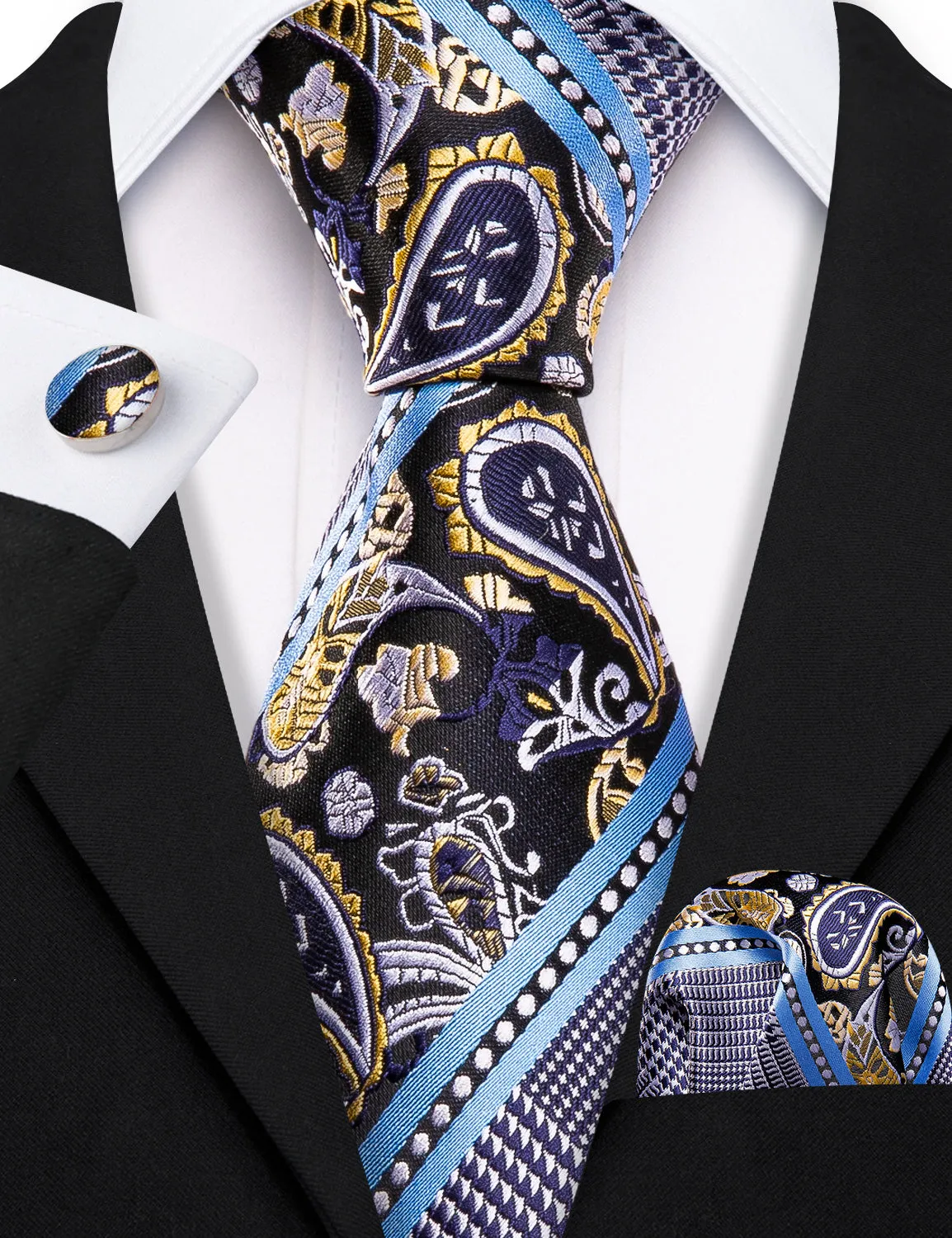 Barry Wang Grey Blue Novelty Tie Pocket Square Cufflinks Set for Men