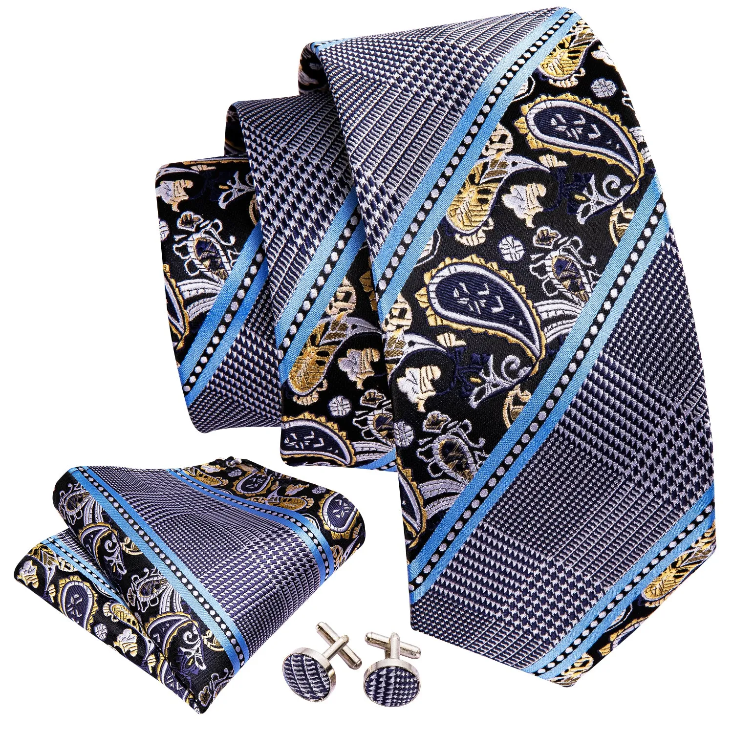 Barry Wang Grey Blue Novelty Tie Pocket Square Cufflinks Set for Men