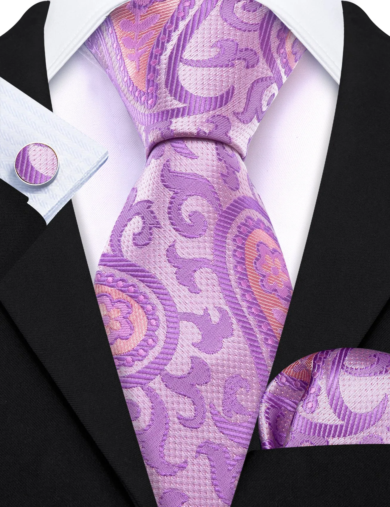 Barry Wang Lavender Purple Pink Paisley Silk Tie Hanky Cufflinks Set