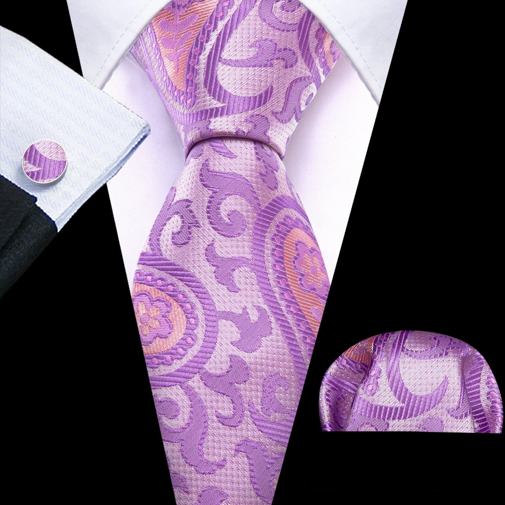 Barry Wang Lavender Purple Pink Paisley Silk Tie Hanky Cufflinks Set