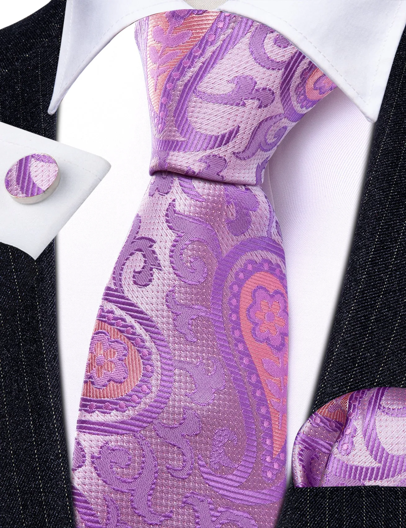 Barry Wang Lavender Purple Pink Paisley Silk Tie Hanky Cufflinks Set