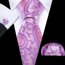 Barry Wang Lavender Purple Pink Paisley Silk Tie Hanky Cufflinks Set