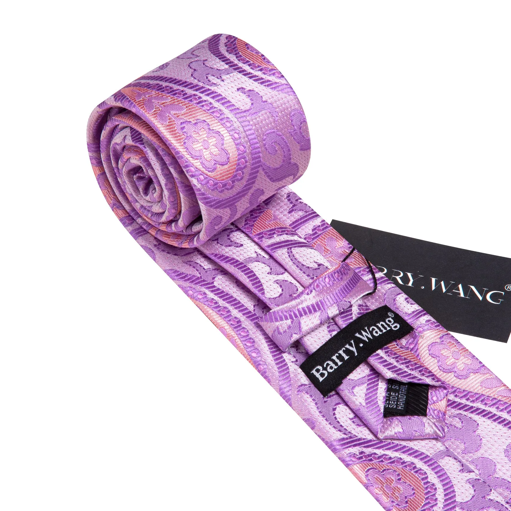 Barry Wang Lavender Purple Pink Paisley Silk Tie Hanky Cufflinks Set