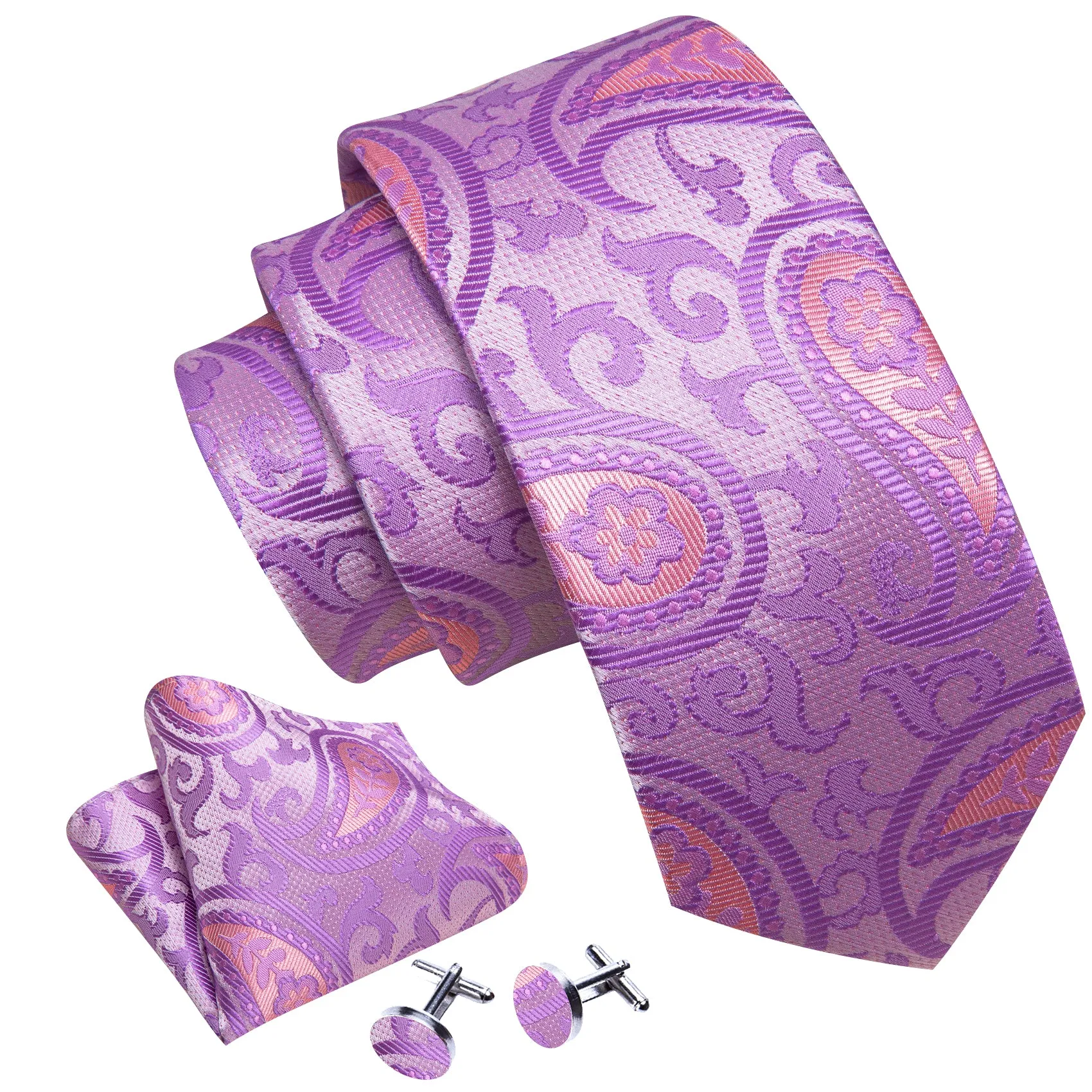 Barry Wang Lavender Purple Pink Paisley Silk Tie Hanky Cufflinks Set