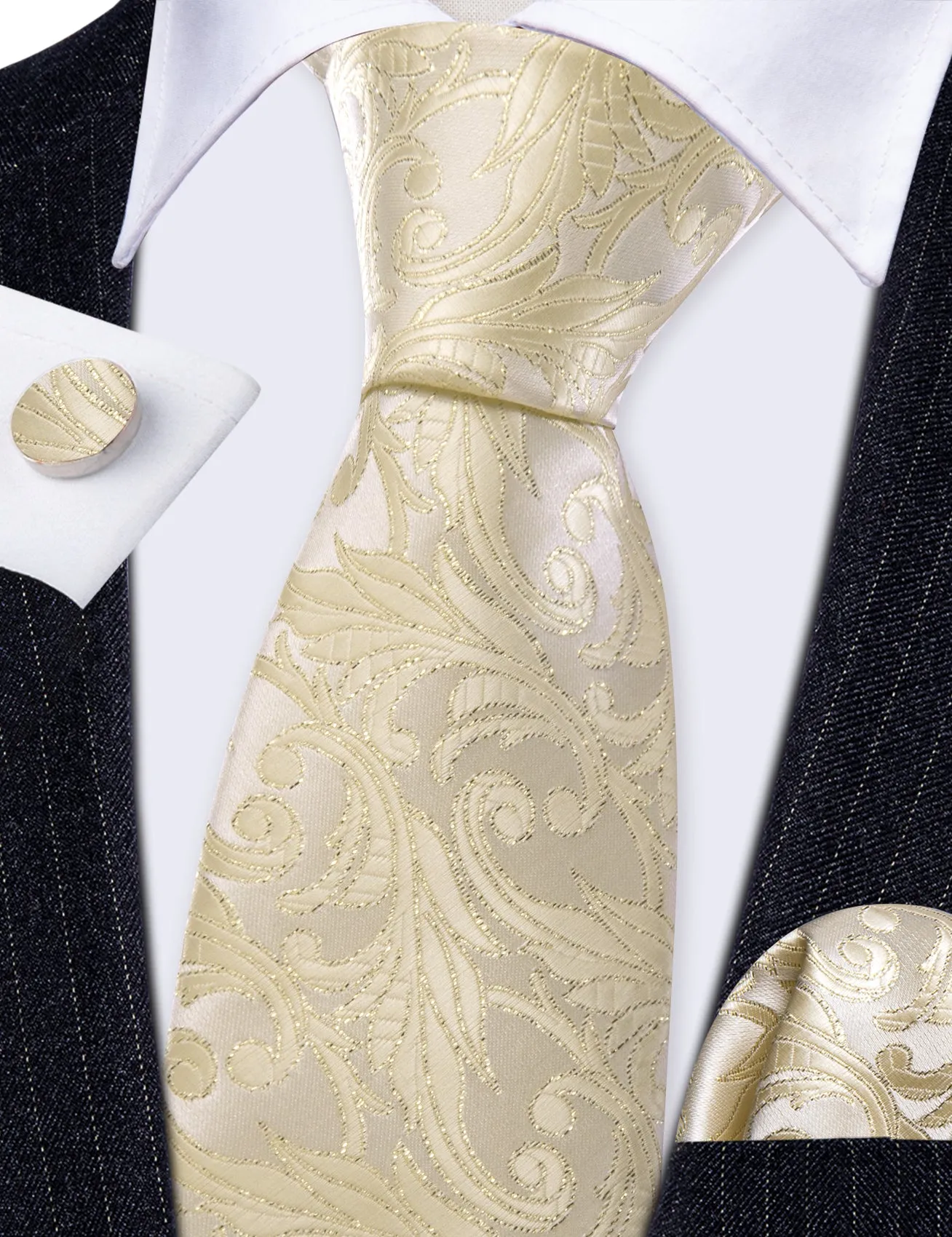 Barry Wang Lemon Chiffon Floral Silk Tie Handkerchief Cufflinks Set
