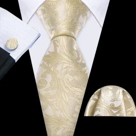 Barry Wang Lemon Chiffon Floral Silk Tie Handkerchief Cufflinks Set