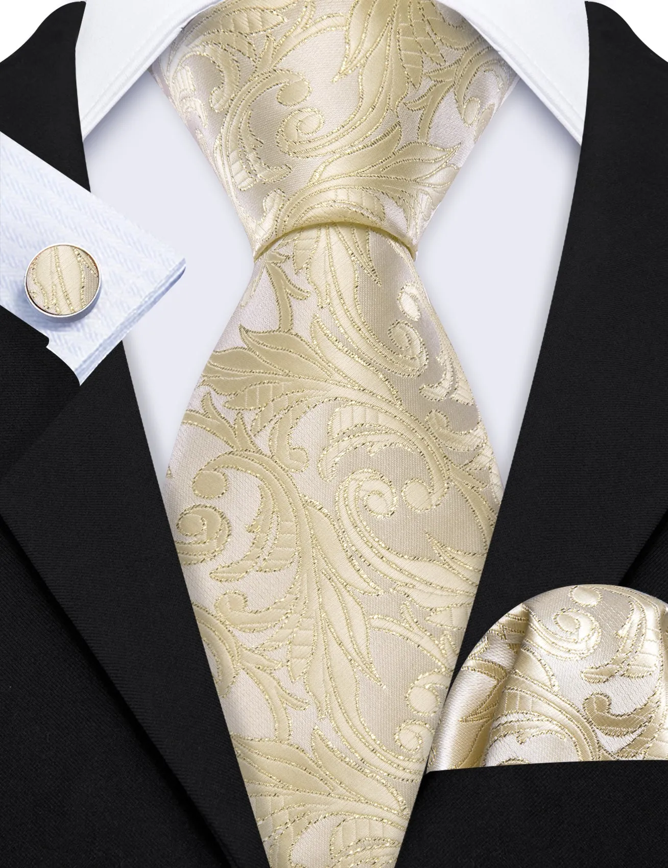 Barry Wang Lemon Chiffon Floral Silk Tie Handkerchief Cufflinks Set