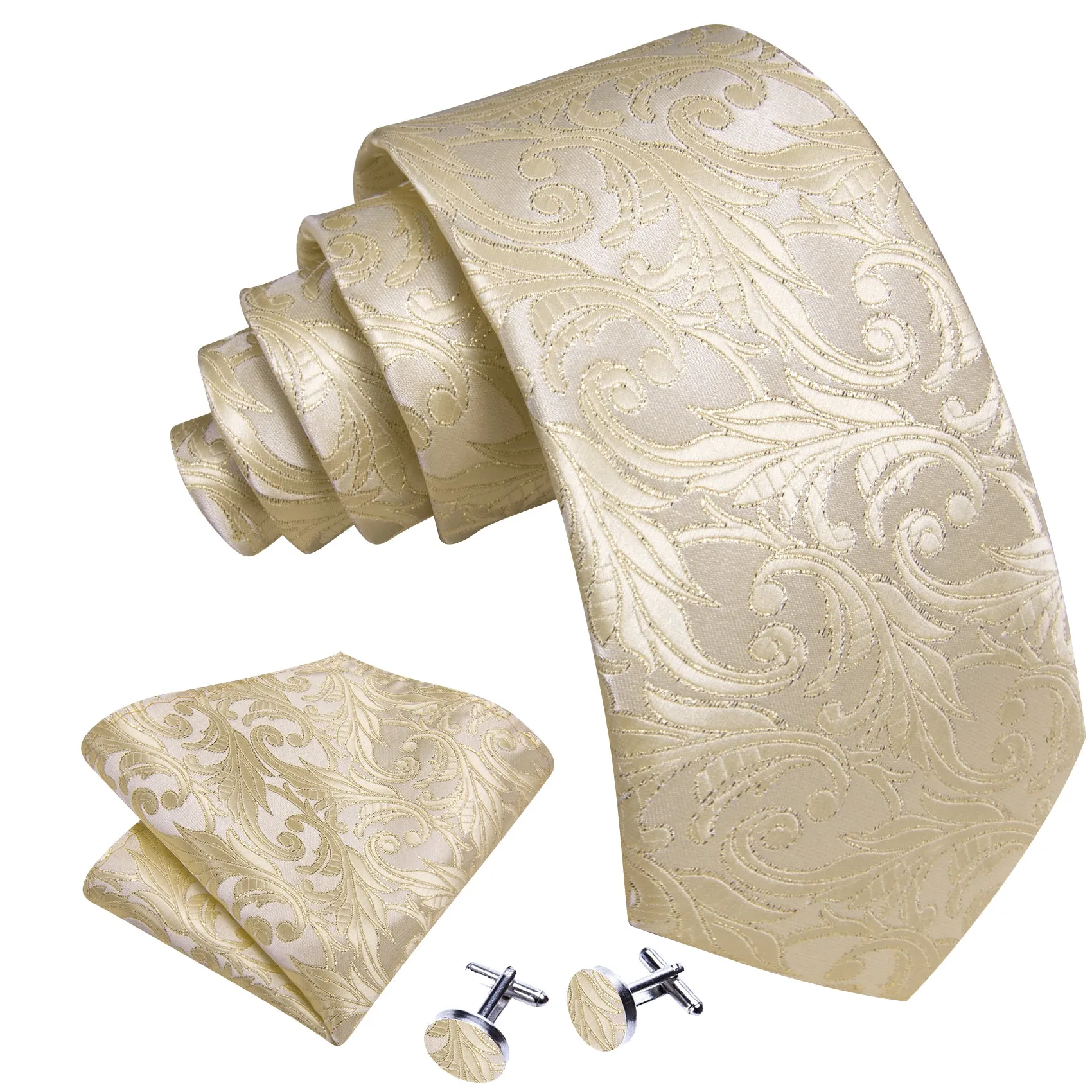 Barry Wang Lemon Chiffon Floral Silk Tie Handkerchief Cufflinks Set