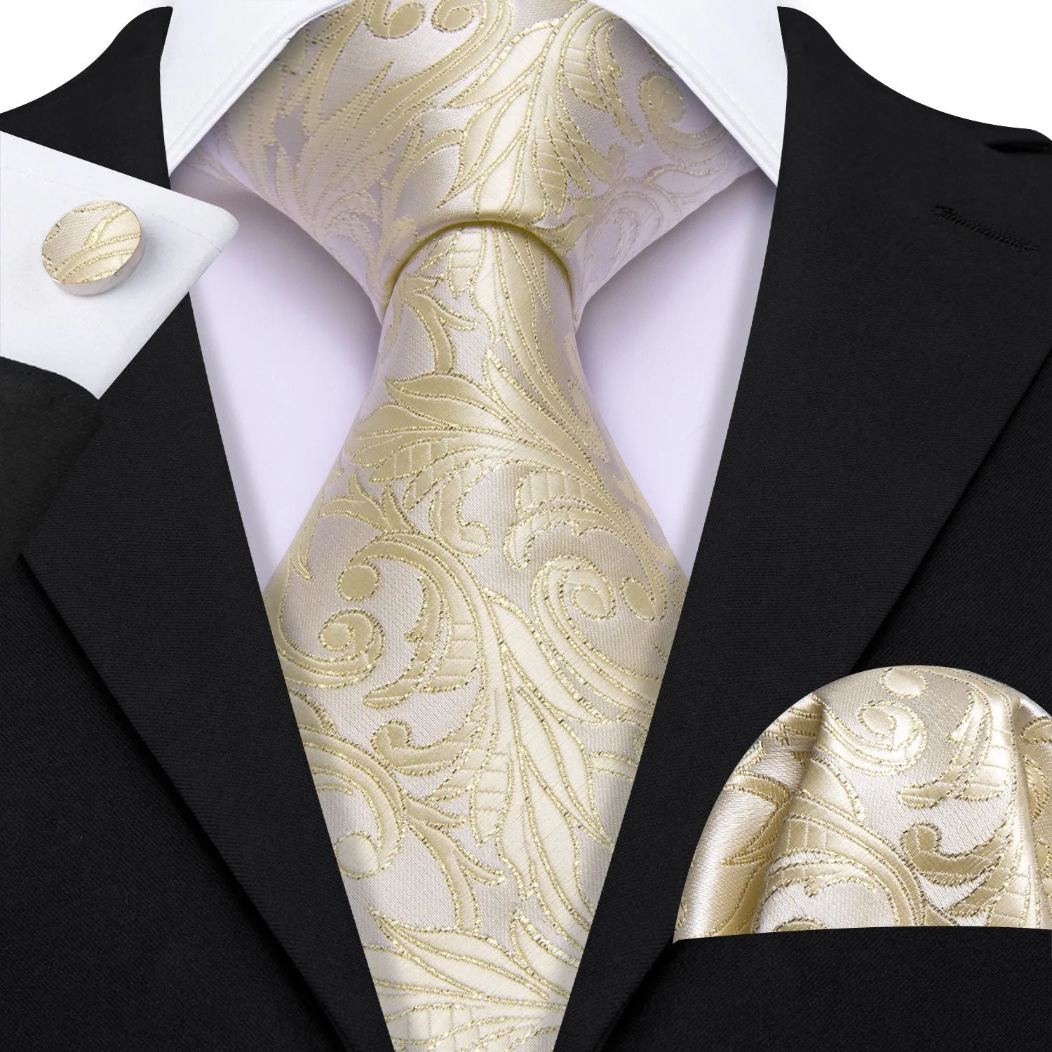 Barry Wang Lemon Chiffon Floral Silk Tie Handkerchief Cufflinks Set
