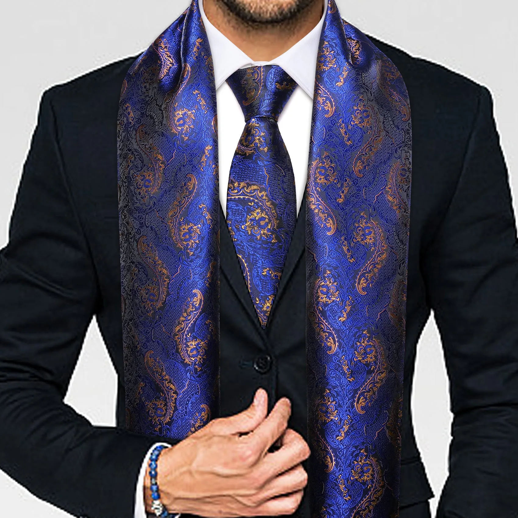 Barry Wang Luxury Blue Golden Paisley Scarf with Tie Set