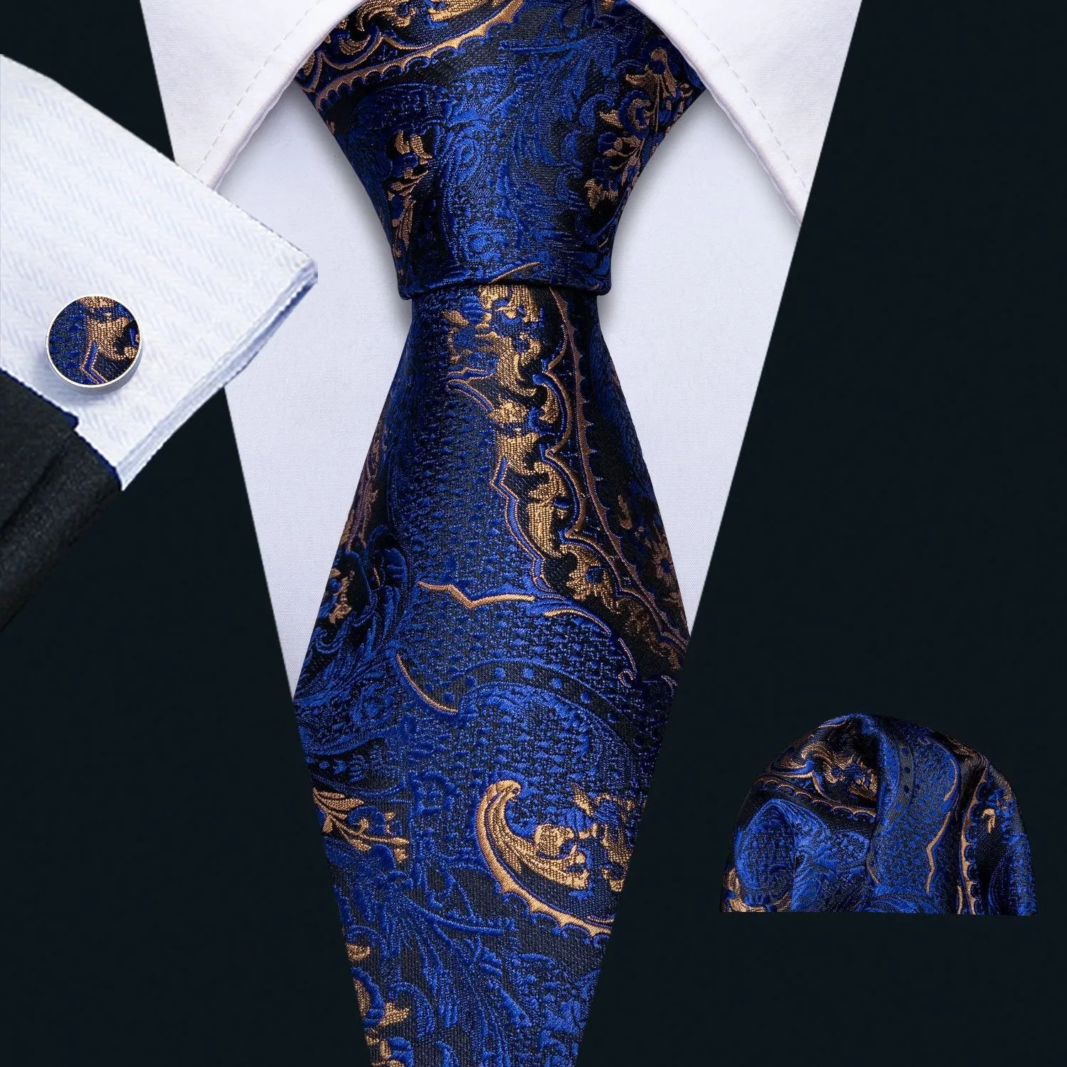 Barry Wang Luxury Blue Golden Paisley Scarf with Tie Set