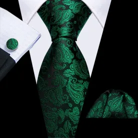 Barry Wang Mens Black and Green Paisley Tie Pocket Square Cufflinks Set