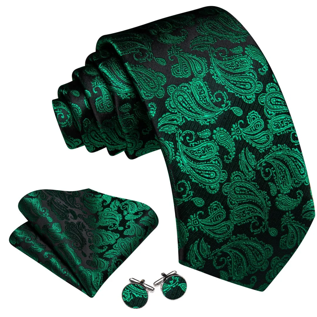 Barry Wang Mens Black and Green Paisley Tie Pocket Square Cufflinks Set