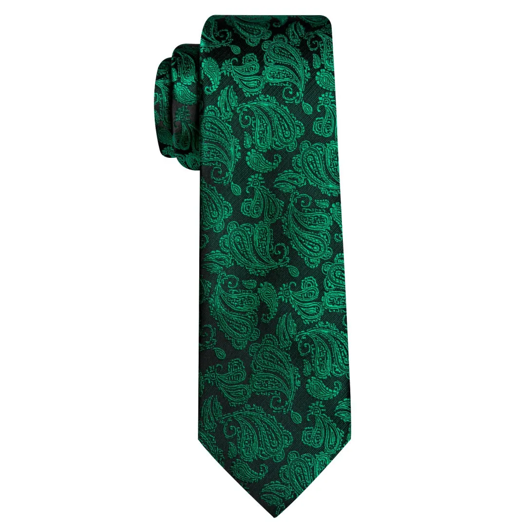 Barry Wang Mens Black and Green Paisley Tie Pocket Square Cufflinks Set