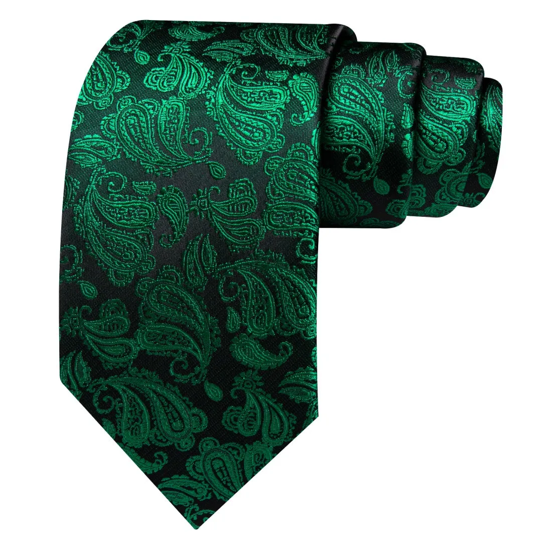 Barry Wang Mens Black and Green Paisley Tie Pocket Square Cufflinks Set
