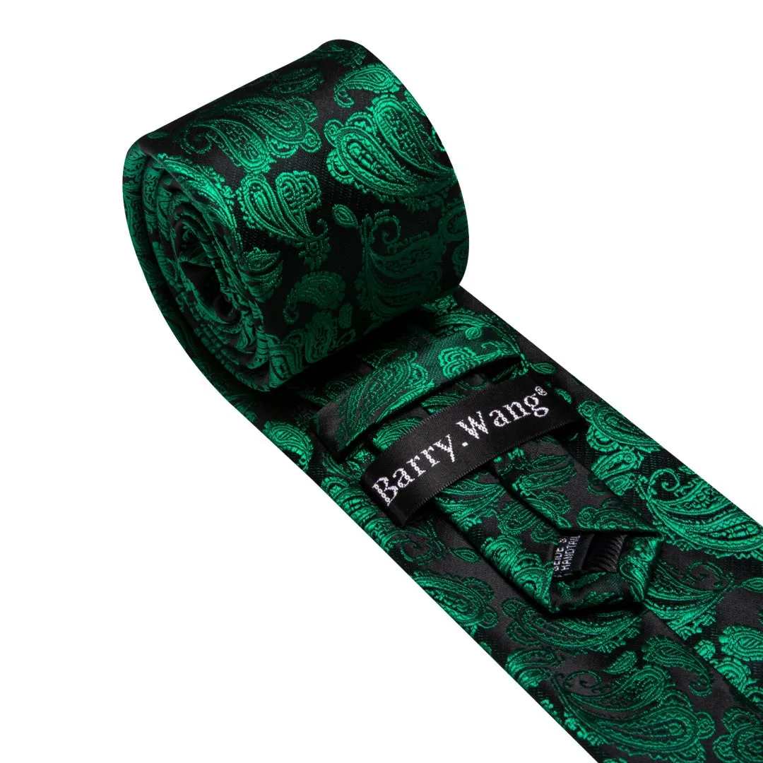 Barry Wang Mens Black and Green Paisley Tie Pocket Square Cufflinks Set