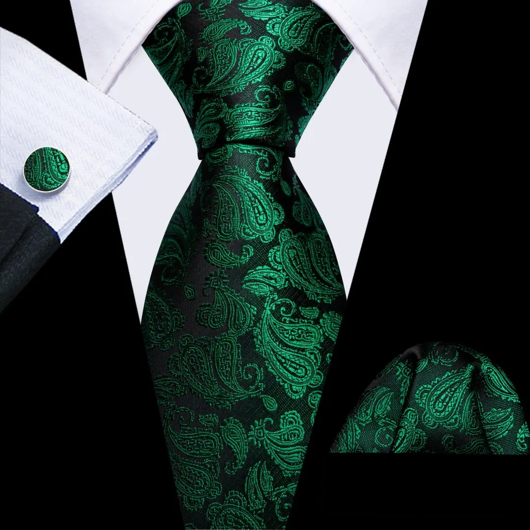 Barry Wang Mens Black and Green Paisley Tie Pocket Square Cufflinks Set