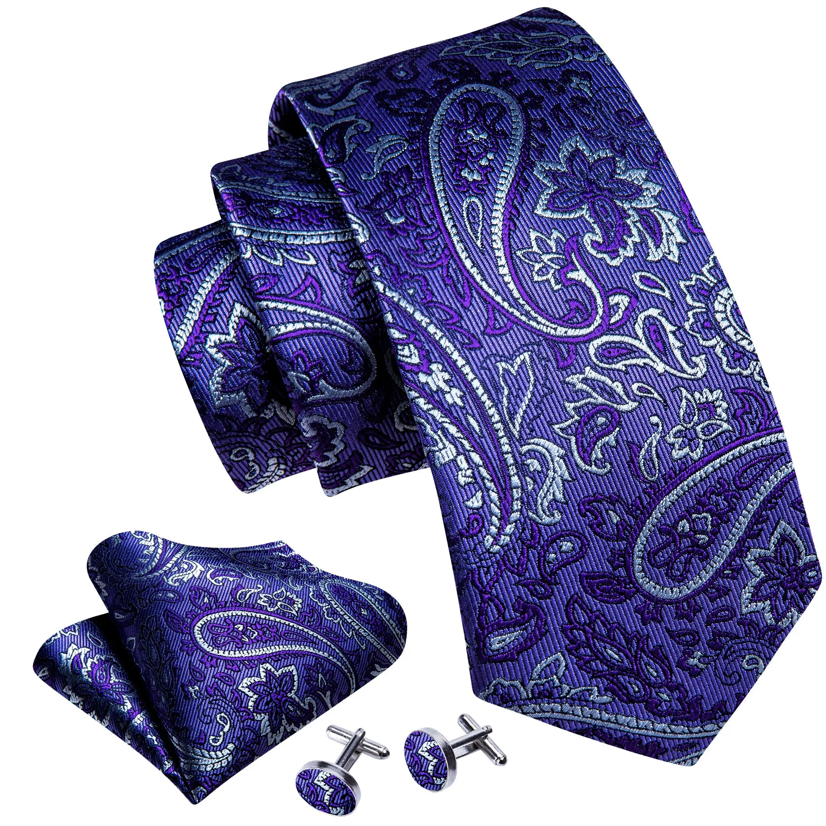 Barry Wang Midnight Blue Tie Purple White Paisley Silk Wedding Tie Set