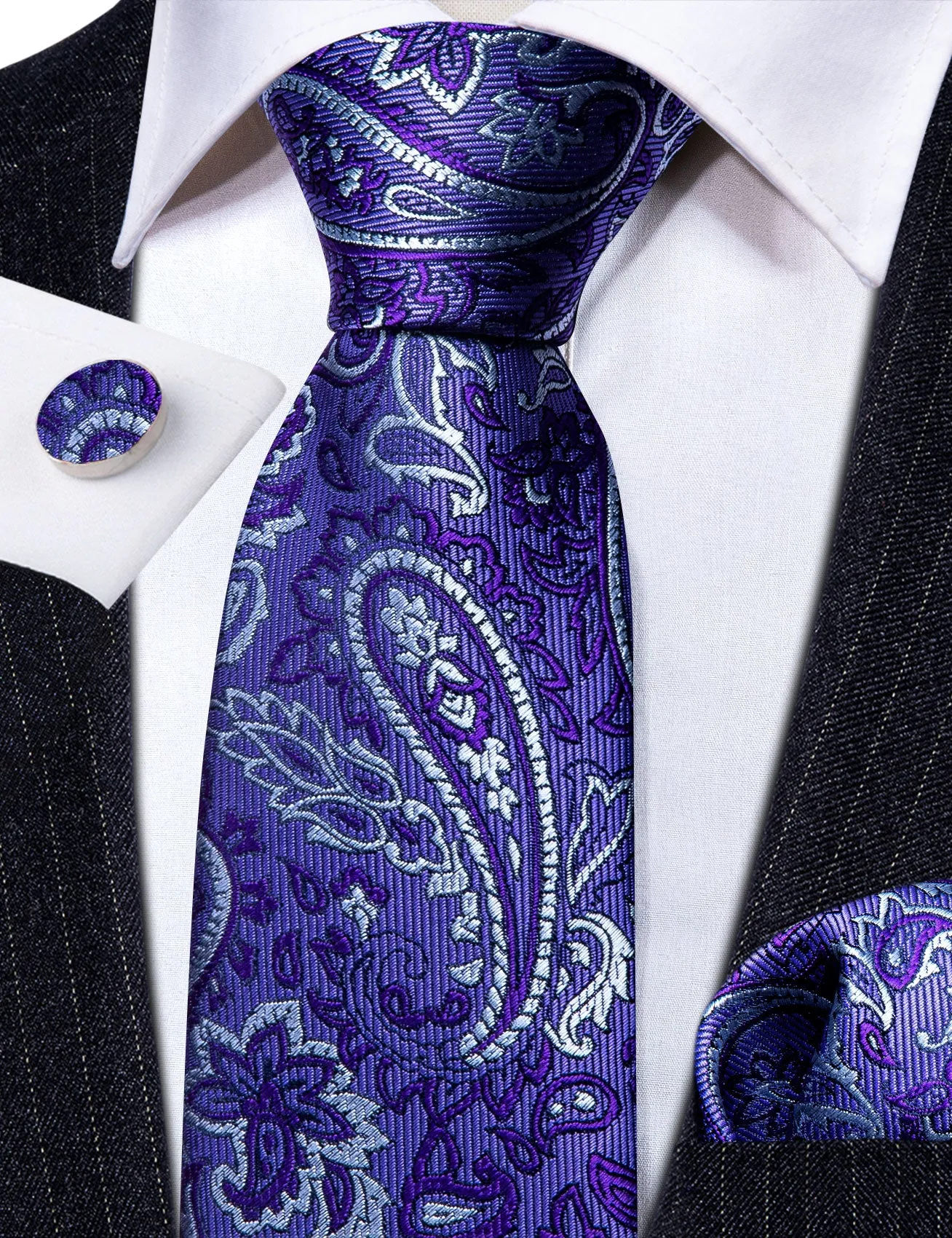 Barry Wang Midnight Blue Tie Purple White Paisley Silk Wedding Tie Set