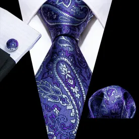 Barry Wang Midnight Blue Tie Purple White Paisley Silk Wedding Tie Set