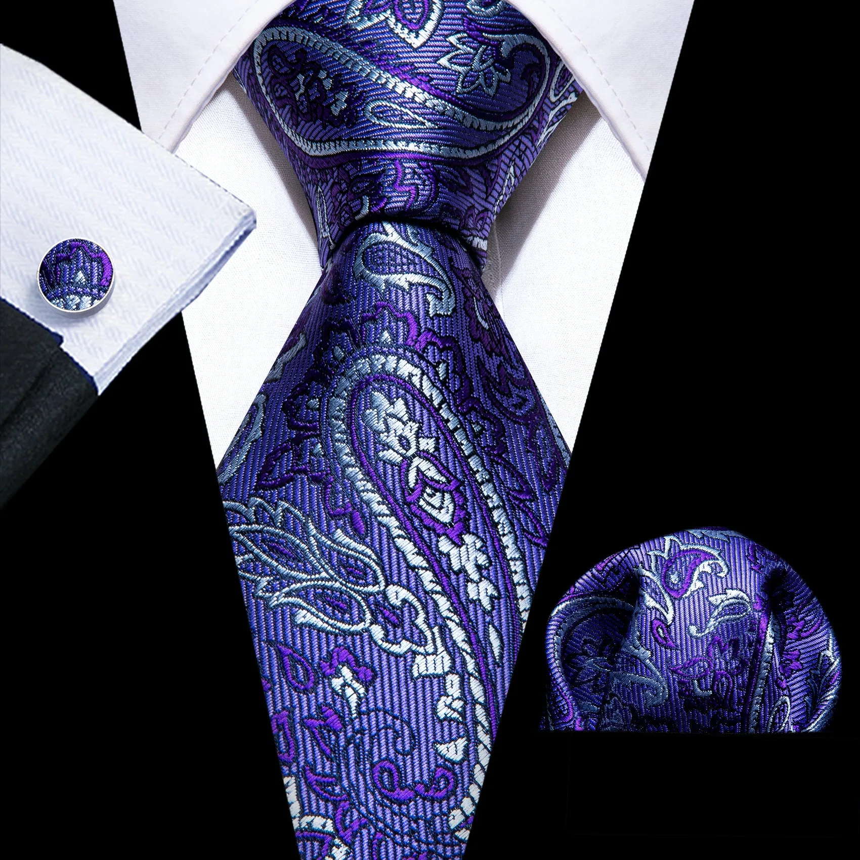 Barry Wang Midnight Blue Tie Purple White Paisley Silk Wedding Tie Set
