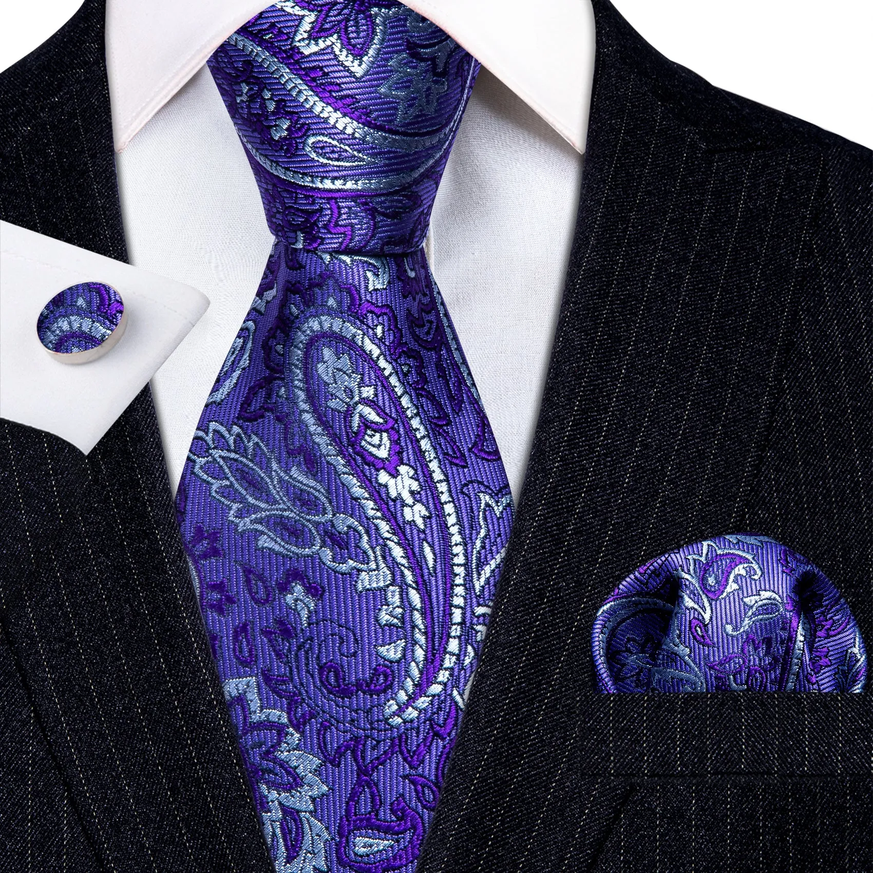 Barry Wang Midnight Blue Tie Purple White Paisley Silk Wedding Tie Set